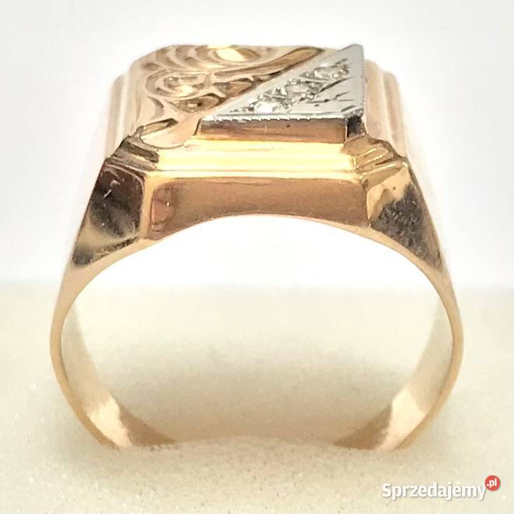 Złoty sygnet 585 14K Retro z diamentami 01ct Art Warszawa sprzedam