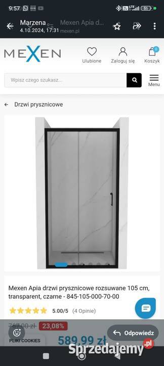 Drzwi prysznicowe rozsuwane 105 Wykończenie sprzedam