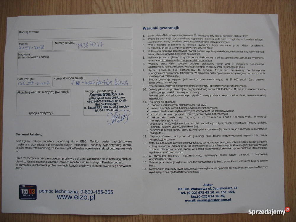 EIZO S1931 SPVALED 6mc Wrocław sprzedam
