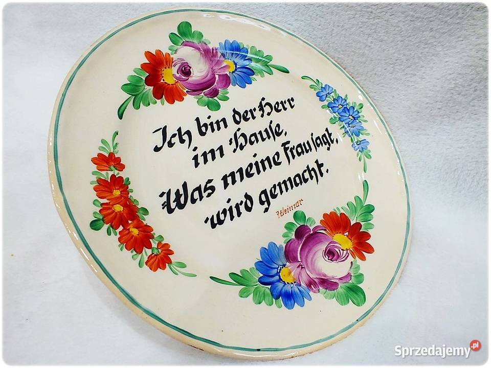 Stary Talerz naścienny malowany z sentencją lata Porcelana i szkło Żary