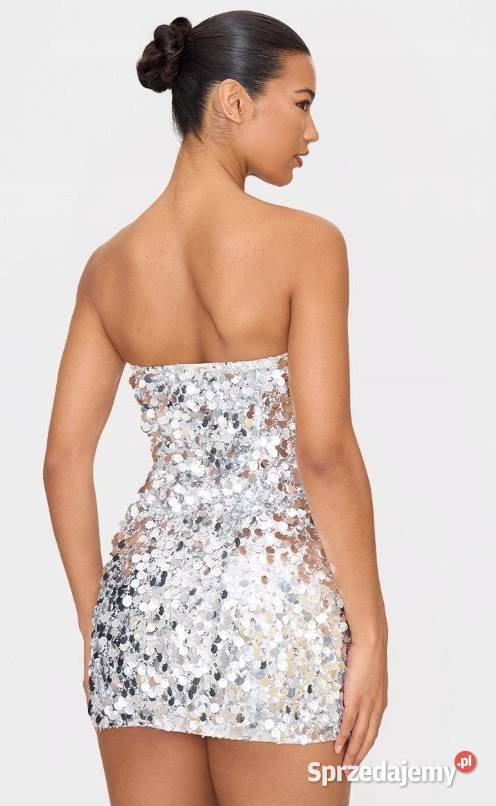 Srebrna cekinowa sukienka mini Długość Mini Warszawa sprzedam