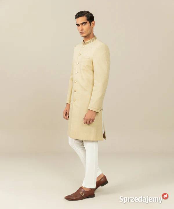 Elegancki indyjski sherwani achkan kremowy haft Szczecin