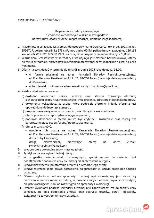 Syndyk sprzeda samochód osobowy Opel Corsa prod Turek