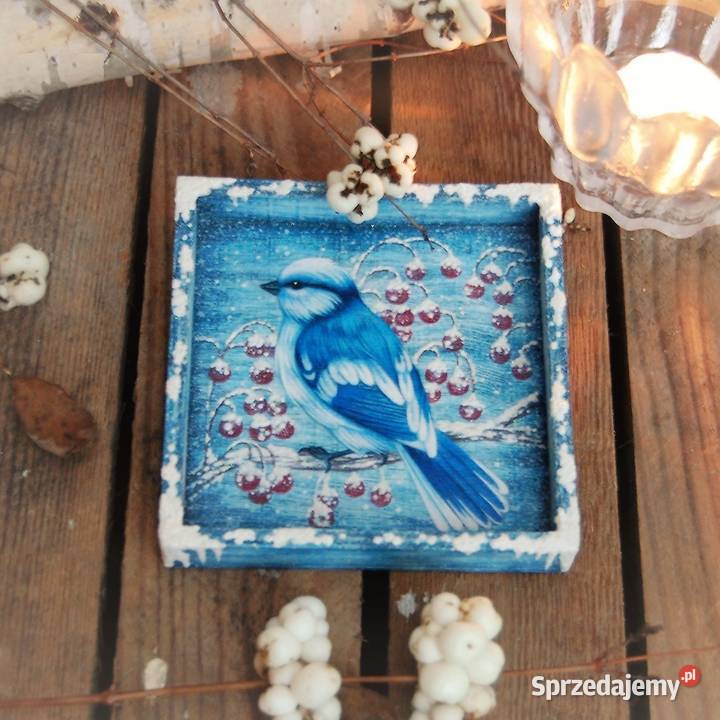 Drewniana tacka malowana ptak sikora lazurowa Lublin