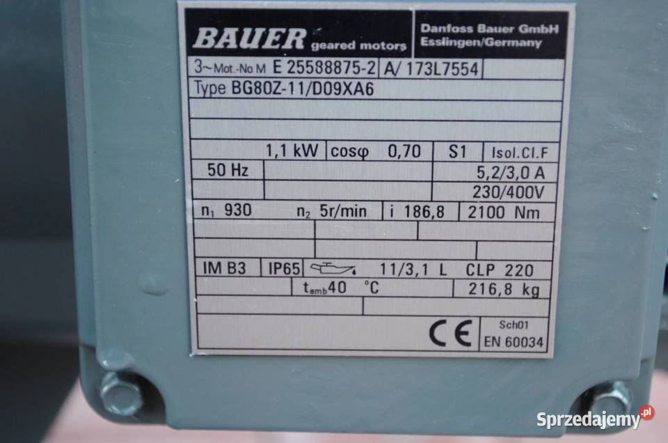 Motoreduktor 11kw 5obrmin Firmy BAUER Kargowa sprzedam