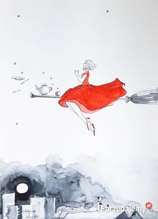 HERBATKA PEŁNI obraz akwarelami i piórkiem Katowice