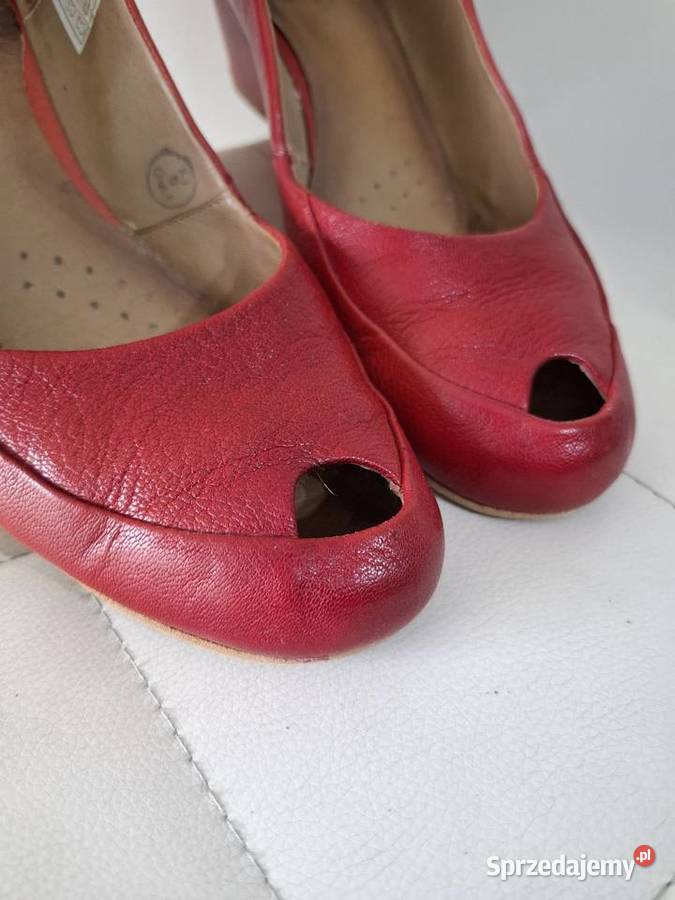 Skórzane czerwone czółenka Kulig peep toe Kraków