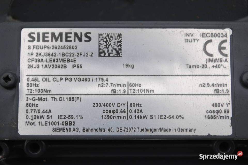 Motoreduktor kątowy 012kw 77obrmin SIEMENS lubuskie sprzedam