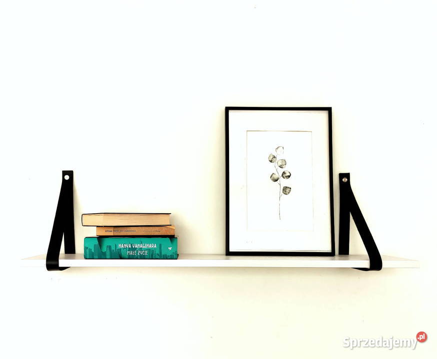 półka na ksiązki biała na paskach skórzanych