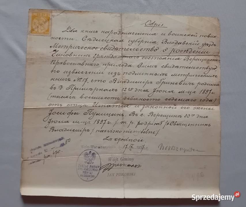 Odpis aktu urodzenia wydany gminę Wola Koźminek