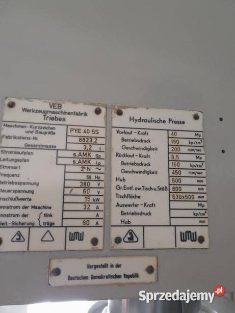 Prasa hydrauliczna WMW PYE 40 SS z wyrzutnikiem Produkcja Krobia