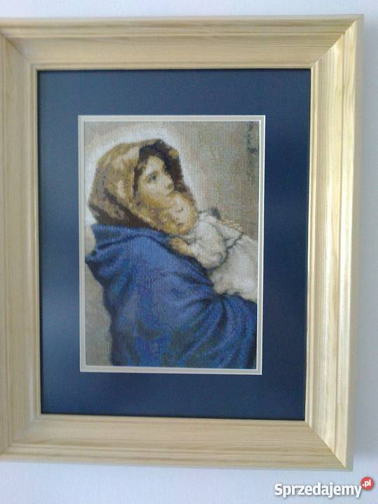 Obraz Matki Boskiej Cygańskiej, wykonany haftem krzyżykowym,
