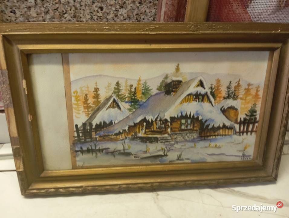 Porządki domowe stara akwarela Malarstwo śląskie Cieszyn sprzedam
