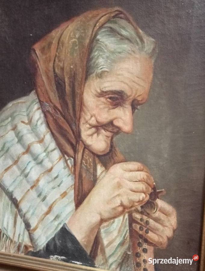 Stary polski obraz Staruszka odmawiającą pacierz Grójec
