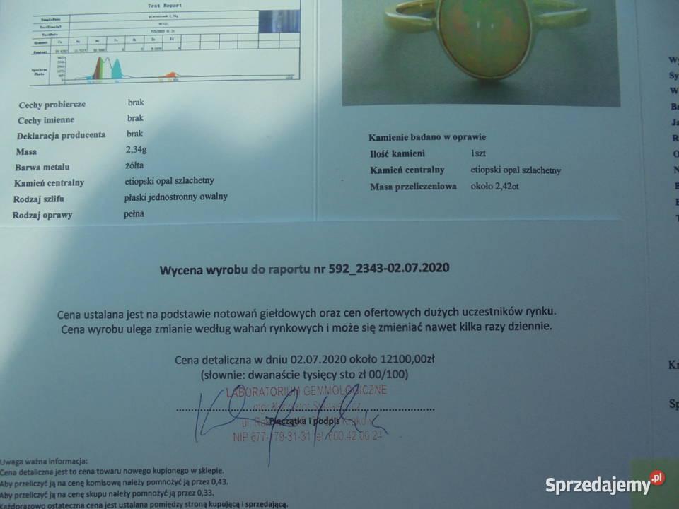 certyfikat złoty pierścionek 585 z nat opalem mazowieckie Warszawa
