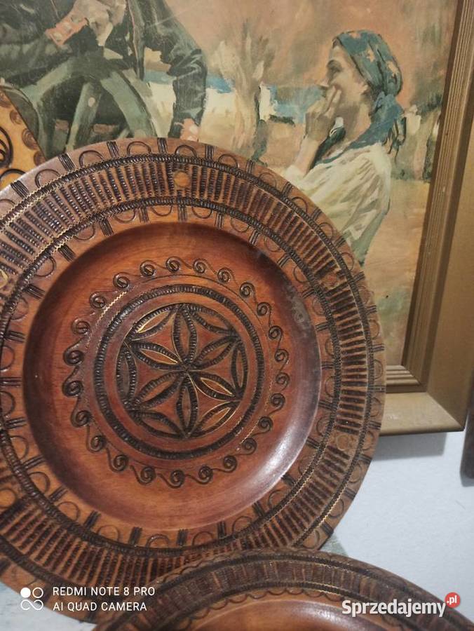Drewniane talerze ozdobne wiszące kolekcja PRL Pleszew