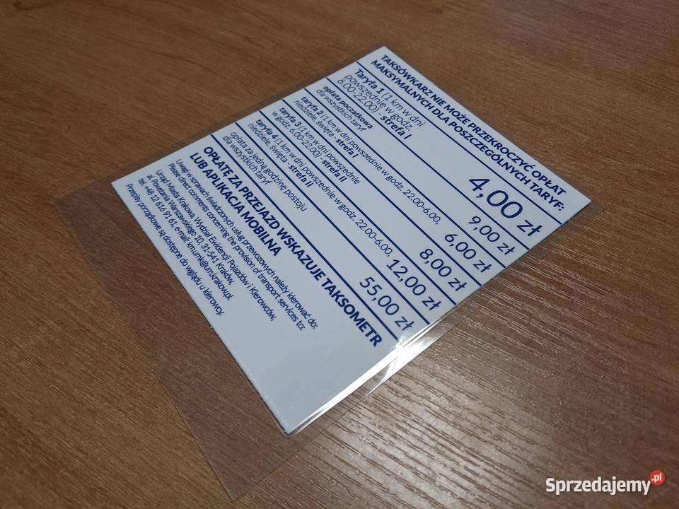 Naklejka z taryfami taxi ceny cennik Kraków sprzedam