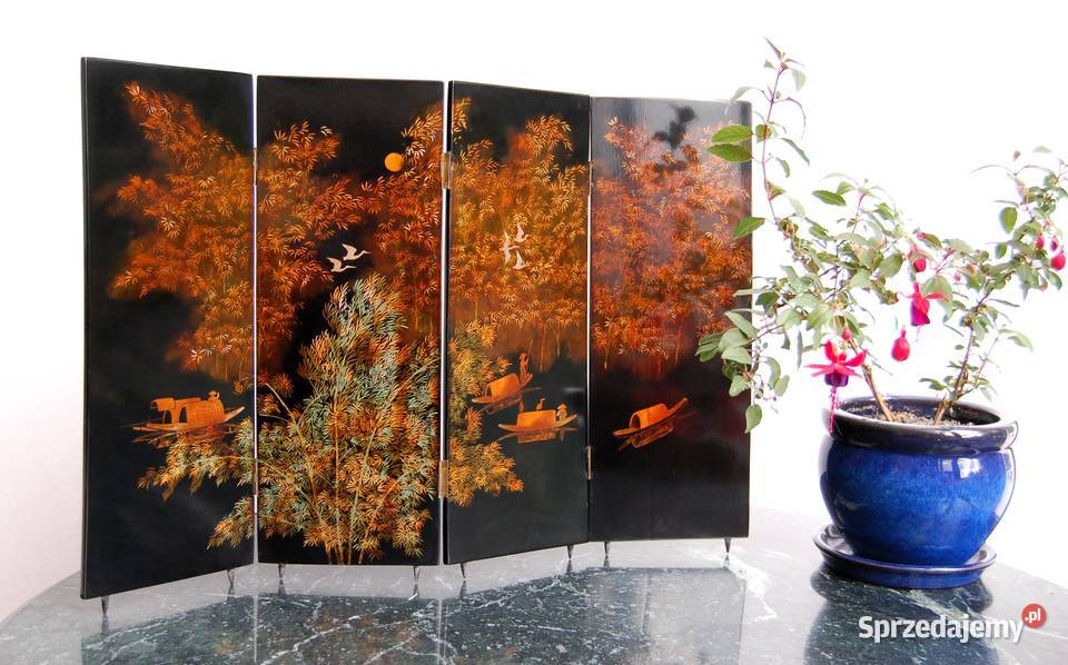 Parawan z laki chiński obraz pejzaż laka żurawie
