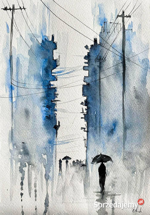 Otuleni deszczem akwarela artystki ALaube pejzaż Katowice