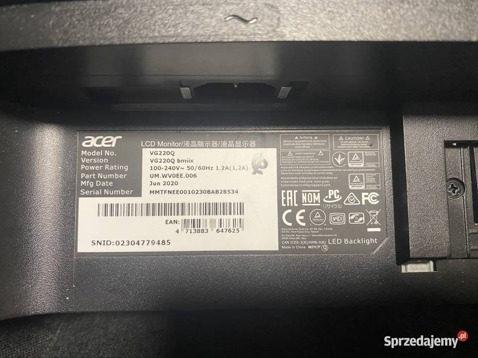 Monitor Acer Nitro VG220QBMIIX czarny Jaworzno sprzedam