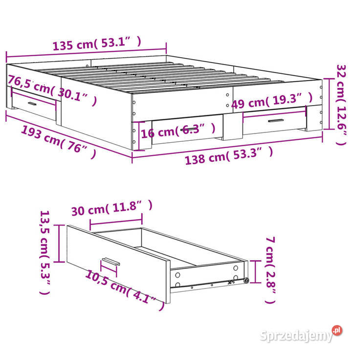 Rama łóżka z szufladami czarna 135x190 WM3280406 32cm mazowieckie Warszawa