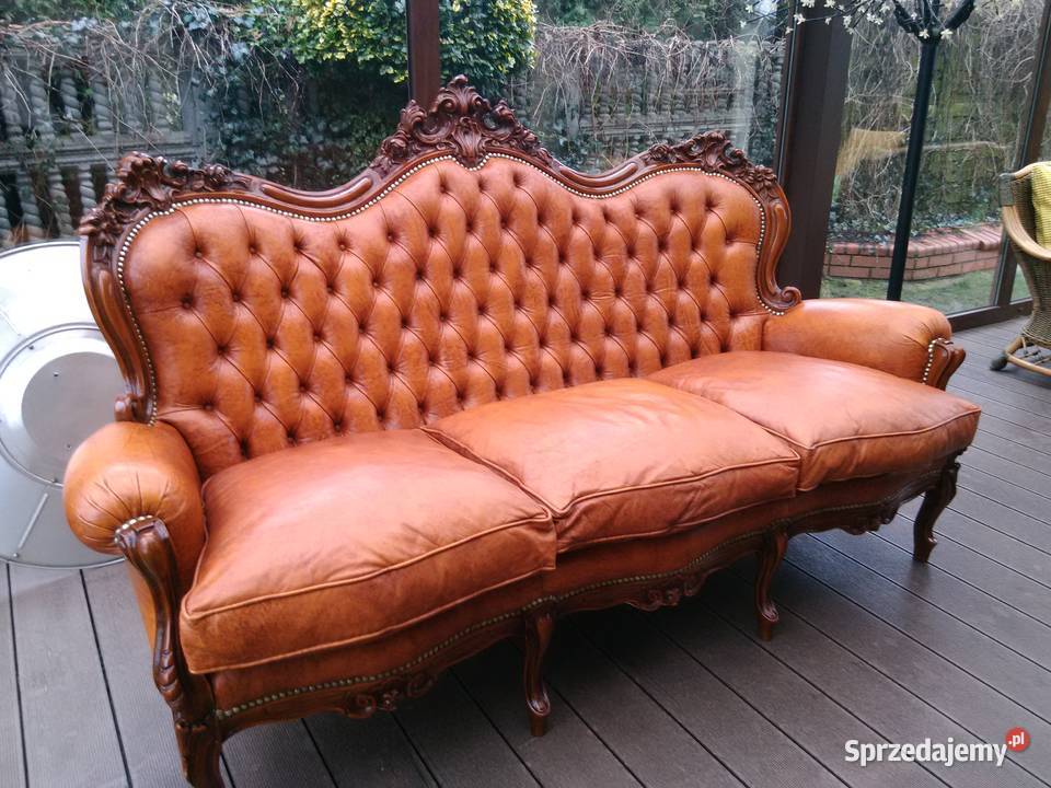 Sofa LudwikBarok Rzeźbiona Skóra Antyk Meble Kluki sprzedam