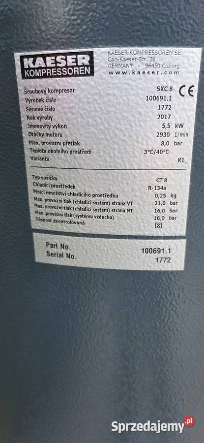 Sprężarka śrubowa Kaeser SXC8 2017 55kW 8 bar dolnośląskie Jelcz-Laskowice