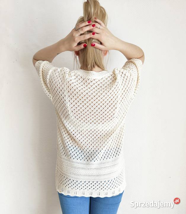Kremowy sweter vintage ażurowy narzutka top L 40