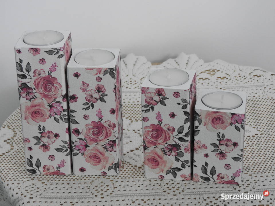 Świeczniki zestaw drewniane decoupage handmade śląskie Bytom sprzedam