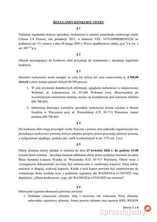 Syndyk sprzeda Citroena C4 Picasso CD Warszawa