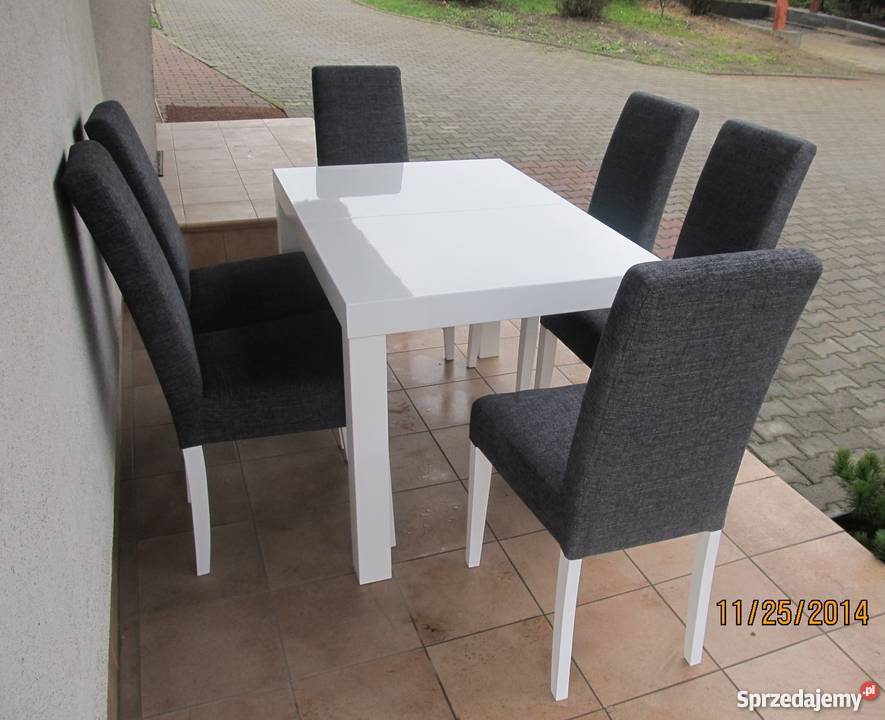 Stół w połysku biały z 6 krzesłami komin wymiary 75cm Kalwaria Zebrzydowska