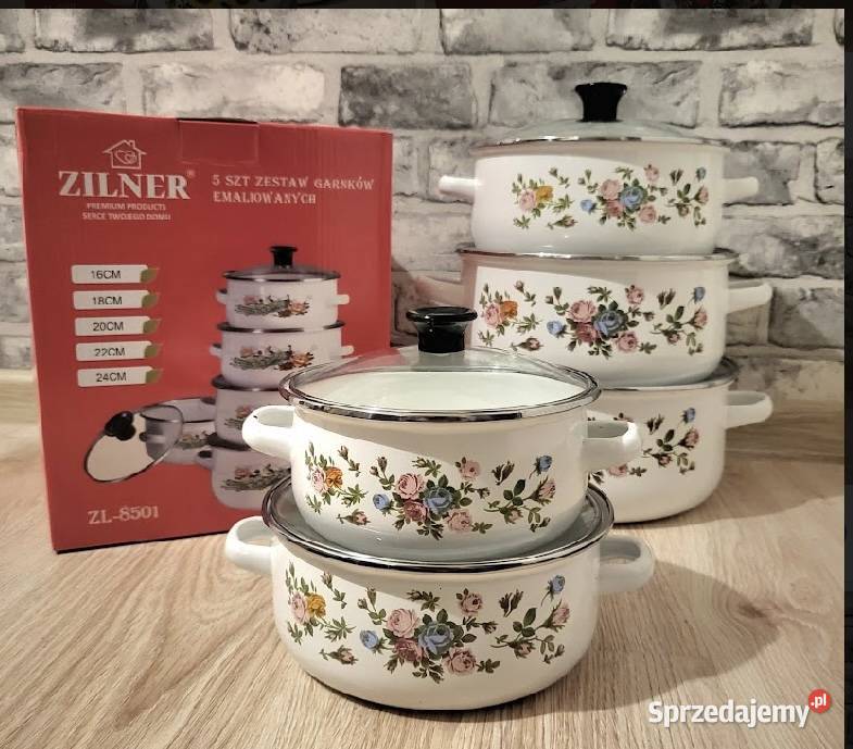 89 Garnki emalia drobne kwiatki Zabrze sprzedam