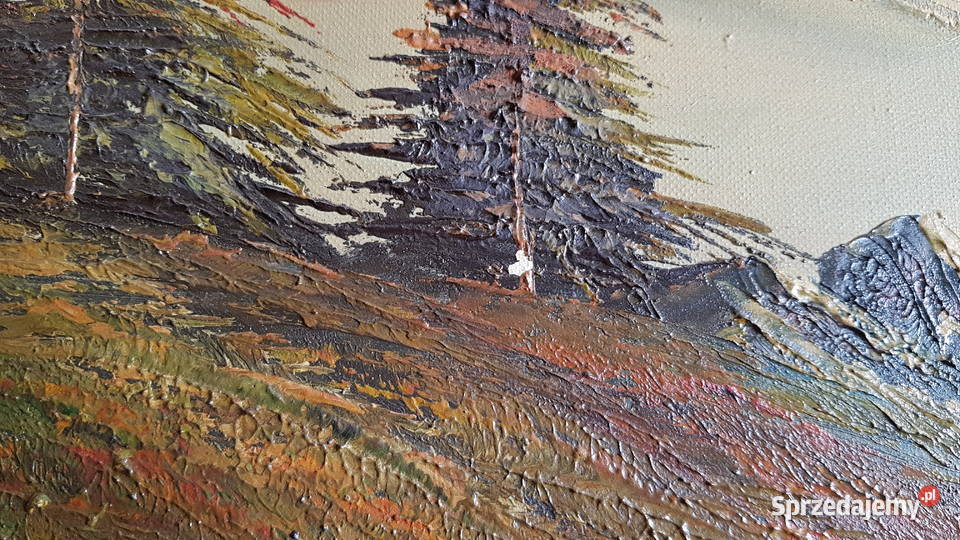 Stary duży obraz olejny pejzaż górski sygnowany śląskie