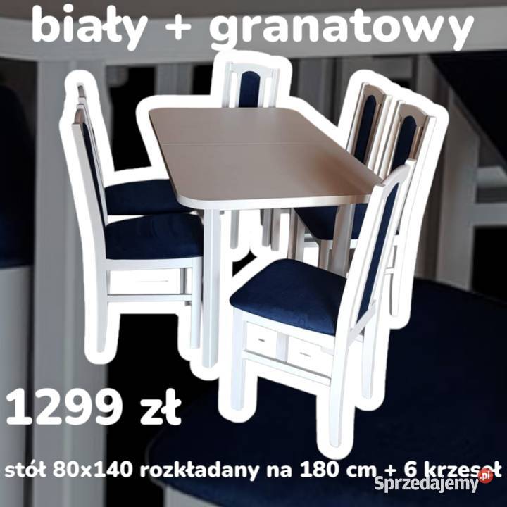Nowe: Stół 80x140/180 + 6 krzeseł, biały + granatowy
