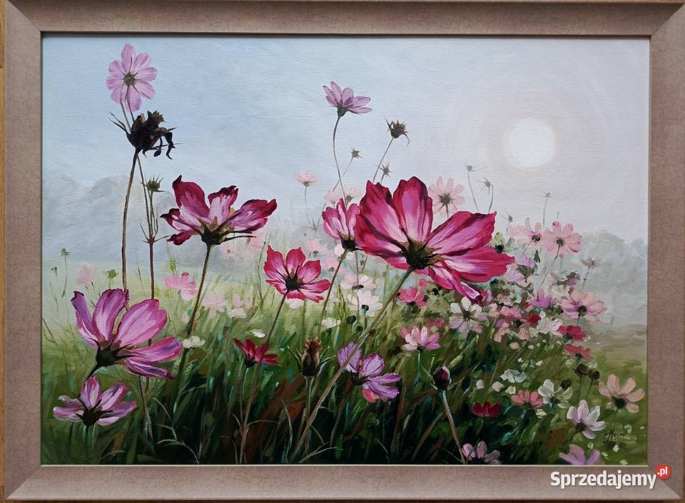 Obraz olejny kwiaty wschód słońca łąka Antyki, Sztuka, Kolekcje Łęki Strzyżowskie