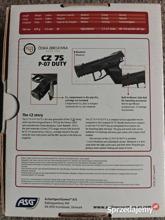 Wiatrówka CZ 75 P07 Duty BlowBack 45 mm śląskie Dąbrowa Górnicza