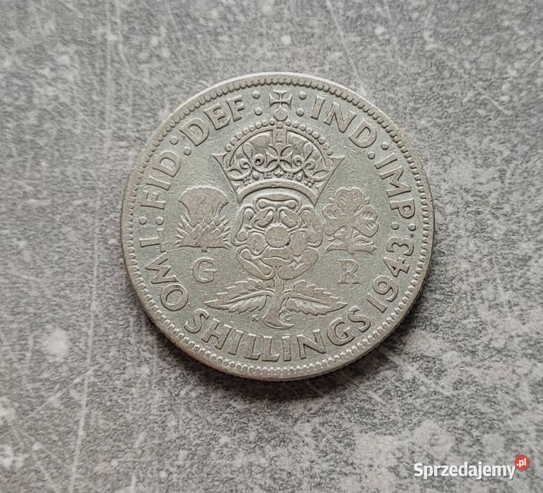 196 ANGLIA srebro 2 Szylingi 1943 r Jerzy VI Wola Kruszyńska