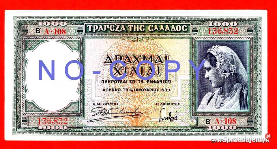 1000 Drachma 1939r Grecja - II Republica Grecka
