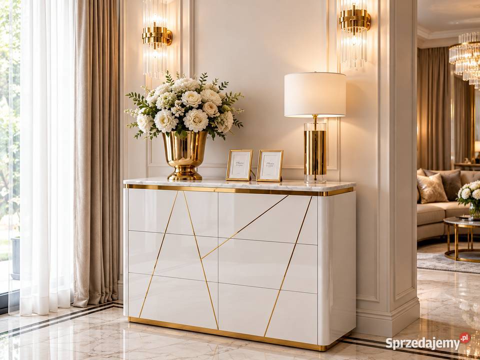 Komoda biało złota glamour z szufladami do 89cm
