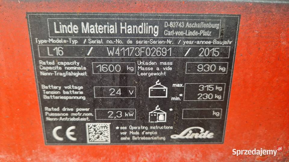 Wózek paletowy linde L16 masztowy podnośnikowy Buk
