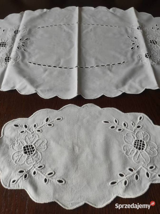 Bieżnik obrus bawełna haft Richelieu PRL biały Białystok