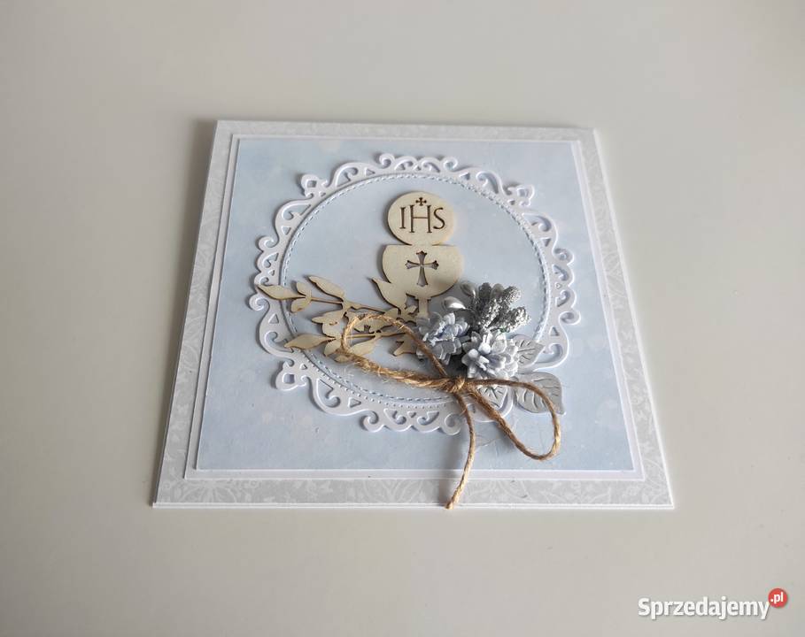 Kartka ręcznie robiona Komunia Święta niebieska Rękodzieło Łódź
