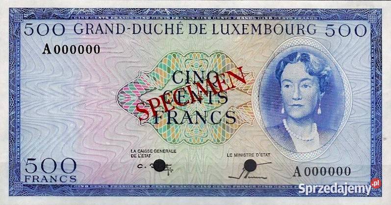 LUKSEMBURG 1963 UNC500 franków P52As SPECIMEN Człuchów