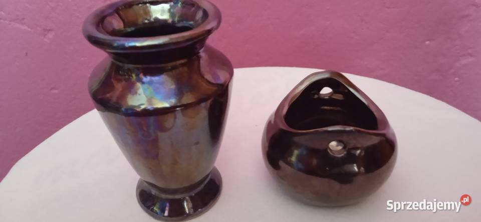 Dwa ceramiczne wazoniki metalicznie szkliwione wielkopolskie Koźminek