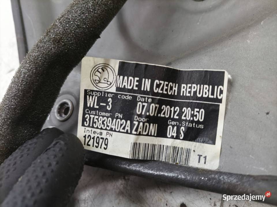 MECHANIZM SZYBY PRAWY TYŁ 3T5839402A Skoda Mechanizmy opuszczania szyb