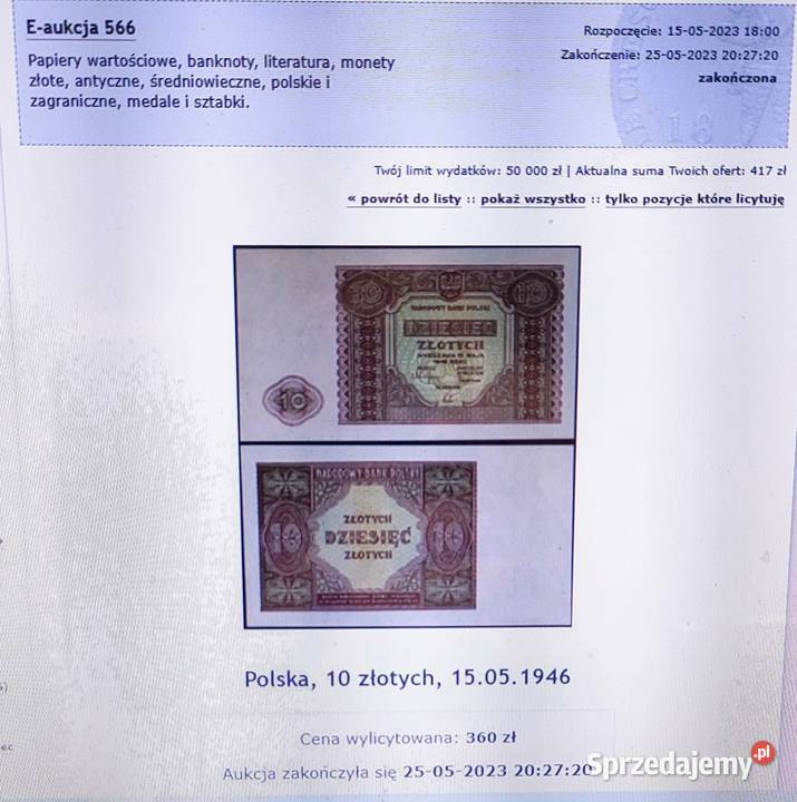 Banknot z PRL 10 15 Maja 1946 r Piękny stan Pruszków sprzedam