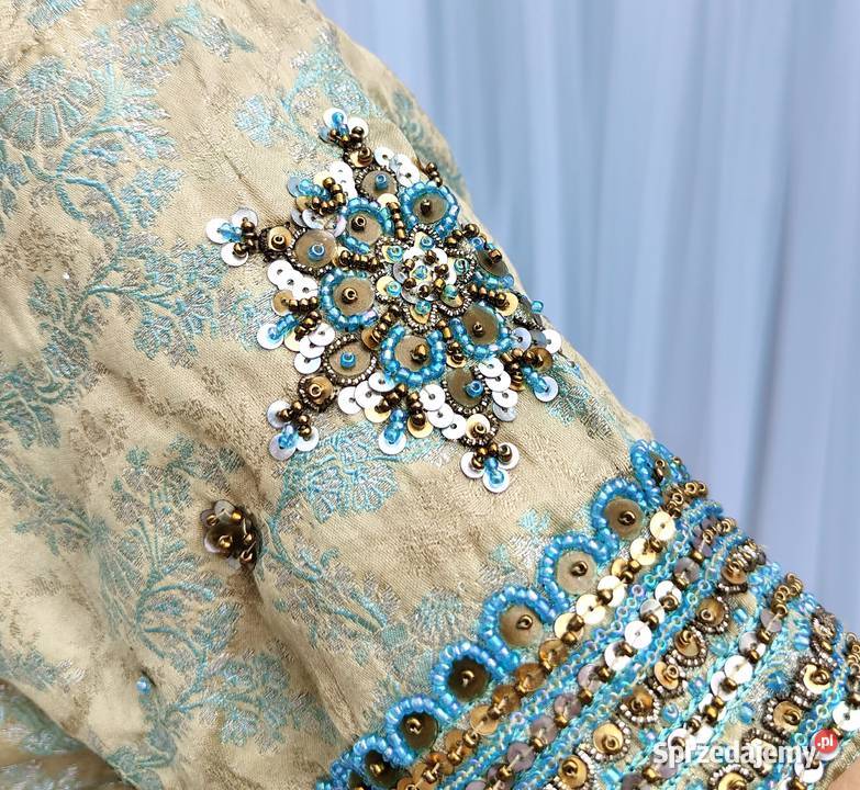 Piękne zdobione sari beż turkus koraliki saree zachodniopomorskie Szczecin