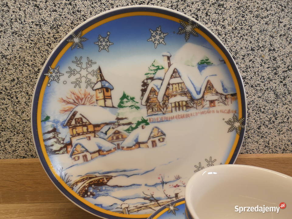 Zestaw śniadaniowy trio motyw świąteczny Porcelana i szkło Raszków