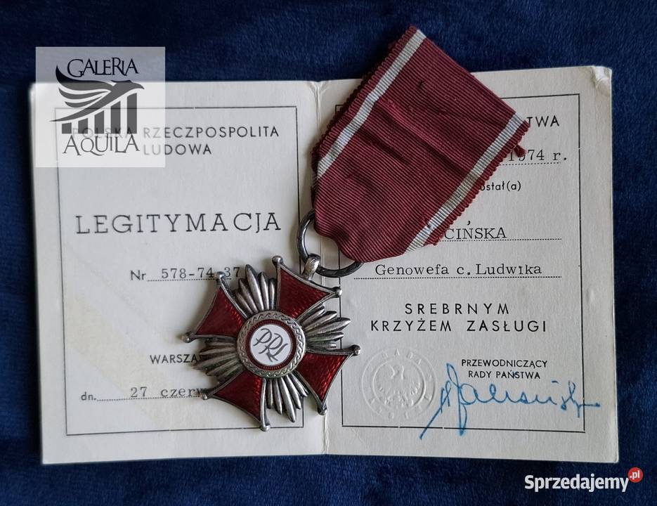 Srebrny Krzyż Zasługi PRL dokument nadanie Wejherowo sprzedam