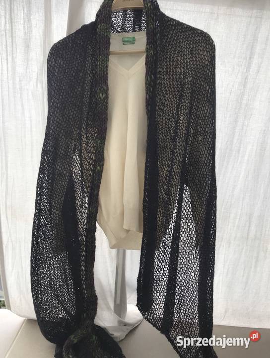 Czarny szal handmade angora zielone wykończenie mazowieckie Warszawa